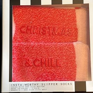 soft chenille slipper socks w/“Christmas & CHILL” grippy bottoms-boxed gift set